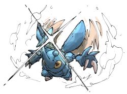 :3 bug claws colored_sclera dust_cloud flying full_body gen_2_pokemon glint hands_up heracross highres horns insect_wings nintendo pokemon pokemon_(creature) pokemon_focus pr_quote single_horn sketch solo white_background wings yellow_sclera