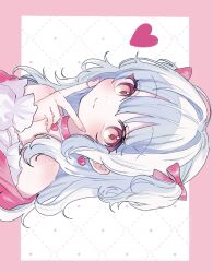 1girl choker closed_mouth earrings frilled_sleeves frills hair_ribbon heart heart_earrings highres ibispaint_(medium) jewelry long_hair looking_at_viewer original pink_choker pink_ribbon ribbon shiina_(user_ecjx4545) smile solo two_side_up upper_body white_hair