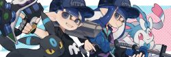 Rule 34 | 1boy, 1girl, alternate color, baseball cap, black jacket, black shirt, blue eyes, blue hair, blue hat, blue jacket, closed mouth, commission, crossover, e-liter 4k (splatoon), fingerless gloves, gen 2 pokemon, gen 6 pokemon, gloves, grey gloves, grin, hat, highres, holding, holding weapon, inkling, inkling boy, inkling girl, inkling player character, jacket, long hair, looking at viewer, multicolored gloves, multicolored jacket, nintendo, pointy ears, pokemon, pokemon (creature), prat rat, purple jacket, shiny pokemon, shirt, short hair, smile, splatoon (series), sylveon, tentacle hair, tetra dualies (splatoon), umbreon, watermark, watermark grid, weapon, yellow gloves