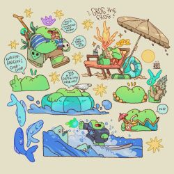 Rule 34 | albabg, bag, beach, beach umbrella, bird, black wetsuit, bodysuit, chair, commentary, conch, cup, diving suit, drinking glass, drinking straw, english commentary, english text, fish, food, frog boy, grog the frog, highres, holding, holding cup, ice cream cone, lifebuoy, mage staff, multiple views, on chair, open mouth, original, sand, sandals, short sleeves, shorts, sitting, skull, sleeping, star (symbol), swim ring, toon (style), tote bag, umbrella, water, wetsuit
