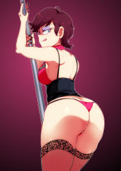 1girl :q alternate_breast_size ass ass_freckles bare_arms bare_shoulders black_nails blue_eyes body_freckles brown_hair butt_crack commentary cosplay cowboy_shot dutch_angle earrings english_commentary eyeshadow female_focus fishnet_thighhighs fishnets freckles from_behind gradient_background highres jcm2 jewelry lace lace-trimmed_legwear lace_trim legs_together looking_at_viewer looking_back luna_loud makeup nail_polish no_pants outline panties paperclip paperclip_earrings pole pole_dancing purple_eyeshadow short_hair simple_background solo standing string_panties stripper_pole the_loud_house thighhighs tongue tongue_out underwear underwear_only vampire:_the_masquerade_-_bloodlines velvet_velour velvet_velour_(cosplay) white_outline world_of_darkness