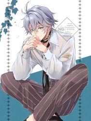 1boy antenna_hair armlet black_necktie black_pants blue_eyes collared_shirt commentary_request highres honkai:_star_rail honkai_(series) jewelry kinatsu_k long_sleeves looking_at_viewer male_focus necktie official_alternate_costume own_hands_together pants parted_bangs partially_unbuttoned phainon_(anan)_(honkai:_star_rail) phainon_(honkai:_star_rail) see-through_clothes see-through_shirt shirt short_hair solo watermark wet wet_clothes wet_shirt white_hair white_shirt