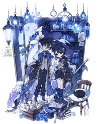 1boy belt_pouch black_cat black_coat black_eyes black_footwear black_gloves black_hair black_pants black_skirt blue_bow blue_bowtie blue_coat blue_hat blue_ribbon blue_theme book book_stack boots bow bowtie box broom candle candlestand cat chair chibi chibi_only coat collared_shirt commission crescent crossed_bangs cushion frilled_skirt frills full_body glasses gloves grey_shirt grey_vest grin hair_between_eyes hair_ribbon hanging_light hat hat_bow highres holding holding_broom iiqoco isometric jar lace-up_boots lapels light_particles long_hair long_sleeves looking_at_another looking_at_viewer low_twintails mobile multicolored_coat neck_ribbon nijisanji notched_lapels off_shoulder open_clothes open_coat original pants paper pouch purple_eyes ribbon scroll shelf shikinagi_akira shirt short_hair simple_background single_hair_intake skirt smile standing twintails two-tone_coat vest virtual_youtuber white_background white_ribbon white_shirt window witch witch_hat