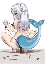 1girl absurdres ass backboob bikini black_bikini blue_eyes blue_hair blush breasts feet fins fish_tail from_behind full_body gawr_gura hair_ornament hands_up highres hololive hololive_english johnny_(braun-kan_cafe) loli long_hair looking_at_viewer looking_back multicolored_hair nude partially_visible_vulva presenting small_breasts smile soles solo spread_legs squatting streaked_hair string_pull swimsuit tail teasing tiptoes two-tone_hair undressing untied_bikini virtual_youtuber white_hair