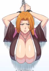 blush breasts chain choker cleavage cleavage_cutout clothing_cutout furrowed_brow gigantic_breasts glaring grey_eyes highres iwao178 long_hair looking_at_viewer matsumoto_rangiku non-web_source orange_hair restrained robe straight_hair tagme third-party_edit through_wall