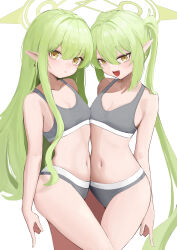 absurdres asymmetrical_docking belly-to-belly blue_archive breast_press breasts brown_eyes cleavage earrings fang green_hair green_halo grey_panties grey_sports_bra halo highres hikari_(blue_archive) jewelry katancotton loli long_hair navel nozomi_(blue_archive) open_mouth panties pointy_ears siblings sisters small_breasts smile sports_bra sports_panties stomach thighs twins twintails underwear underwear_only