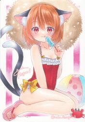Rule 34 | 1girl, :q, adapted costume, alternate headwear, animal ear fluff, animal ear piercing, animal ears, ball, bare arms, bare legs, bare shoulders, beachball, between legs, bow, breasts, brown eyes, brown hair, cat ears, cat tail, chen, commentary request, covered navel, crab, dot nose, earrings, food, frills, from side, full body, hand between legs, hand up, hat, highres, holding, holding food, holding popsicle, jewelry, looking at viewer, looking to the side, multiple tails, nail polish, nekomata, one-piece swimsuit, popsicle, red eyes, red nails, red one-piece swimsuit, sandals, simple background, single earring, sitting, small breasts, solo, straw hat, swimsuit, tail, toenail polish, toenails, toes, tongue, tongue out, touhou, tsugumi (tky-fam), two tails, wariza, white background, yellow bow