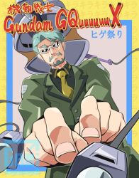 Rule 34 | 1boy, beard, bobobo-bo bo-bobo, challia bull, facial hair, gamiani zero, green hair, gundam, gundam gquuuuuux, highres, jacket, kikeroga (gquuuuuux), long sleeves, looking at viewer, male focus, mecha, military jacket, military uniform, mobile armor, mustache, necktie, parody, pointing, pointing at viewer, robot, science fiction, shirt, short hair, sunglasses, upper body, zeon