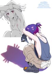 1boy ? artist_name black_boots blue_hair blue_tank_top blush boots cat_shadow_puppet_(meme) commentary_request double_w english_text gloves gundam gundam_gquuuuuux highres male_focus meme multicolored_hair multiple_views nagano_rira nipple_slip nipples pants parted_lips ponytail purple_hair red_eyes shadow short_ponytail shuji_ito simple_background tank_top twitter_username w white_background white_pants