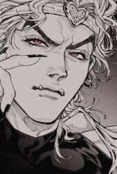 black_nails dio_brando earrings eyelashes fangs fingernails gradient_background greyscale hatching_(texture) headband highres hoop_earrings jewelry jojo_no_kimyou_na_bouken linear_hatching long_fingernails looking_up medium_hair monochrome portrait red_eyes spot_color tsukaikata_wa_wakaru vampire