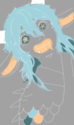Rule 34 | 1boy, animal ears, blue eyes, blue hair, commentary request, dragon boy, dragon ears, dragon horns, drooling, eastern dragon horns, flower-shaped pupils, grey background, highres, horns, hotathino, japanese clothes, kimono, long hair, looking at viewer, male focus, mouth drool, open mouth, orange pupils, original, partially colored, simple background, solo, symbol-shaped pupils, upper body