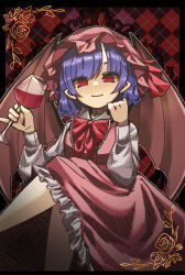 Rule 34 | 1girl, bat wings, border, bow, bowtie, collared shirt, crossed legs, cup, dress, frilled dress, frilled hat, frills, hair ribbon, hand on own face, hat, highres, holding, holding cup, holding polearm, holding weapon, mob cap, nazo ker, ornate border, pink dress, pink hat, pinky out, polearm, purple hair, red bow, red bowtie, remilia scarlet, ribbon, shirt, short hair, sitting, solo, spear the gungnir, touhou, weapon, white shirt, wings