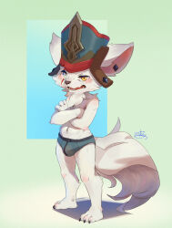 1boy animal_ears artist_name barefoot blush bulge character_name claws commentary crossed_arms english_commentary fangs furry furry_male green_male_underwear heterochromia highres i_lokey kled league_of_legends male_focus male_underwear navel no_pants open_mouth scar scar_across_eye scar_on_face signature tail topless_male underwear