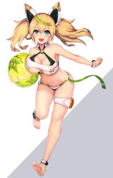 1girl :d ankle_cuffs anklet ball bare_shoulders barefoot beachball bikini blonde_hair blush bracelet breasts cleavage criss-cross_halter fang feet female_focus full_body gene_(pso2) gluteal_fold green_eyes hair_between_eyes halterneck headgear highres jewelry large_breasts leaning_forward navel nidy non-web_source open_mouth phantasy_star phantasy_star_online_2 photo_(medium) simple_background smile soles solo sweat swimsuit thighlet toes twintails white_bikini