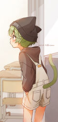 1boy absurdres animal_ear_headwear beanie black_hat black_hoodie blush cat_boy cat_tail chair child closed_mouth dated desk fake_animal_ears far_tarooo hair_ornament hairclip hand_in_pocket hat highres hood hood_down hoodie long_sleeves looking_ahead male_focus motion_lines original overalls parted_bangs school_desk solo tail twitter_username white_overalls yellow_eyes