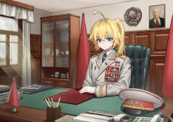 Rule 34 | 1girl, absurdres, black necktie, blonde hair, cold war, grey jacket, hammer and sickle, hat, highres, huihuang rongyao, jacket, looking at viewer, military uniform, necktie, original, phone, smile, solo, soviet, unworn hat, unworn headwear, vladimir lenin