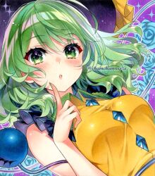 1girl :o bare_shoulders black_hat blue_flower blue_rose breasts buttons chacham collared_shirt commentary_request diamond_button floating_hair flower frilled_hat frilled_shirt_collar frills green_eyes green_hair green_nails hair_between_eyes hat index_finger_raised komeiji_koishi looking_at_viewer medium_breasts medium_hair open_mouth purple_background rose shirt sleeveless sleeveless_shirt solo sparkle third_eye touhou twitter_username upper_body yellow_shirt