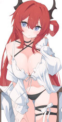 1girl absurdres arknights bikini black_bikini black_horns breasts cleavage closed_mouth commentary_request cowboy_shot expressionless frills hair_between_eyes hand_on_own_leg hand_on_own_thigh highres horns large_breasts leaning leaning_forward long_hair long_sleeves looking_at_viewer official_alternate_costume partial_commentary purple_eyes red_hair simple_background skindentation solo standing surtr_(arknights) surtr_(colorful_wonderland)_(arknights) swimsuit swimsuit_cover-up thigh_strap white_background yuuko_(oruta)