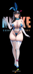 1girl absurdres animal_costume animal_ears artist_name bare_shoulders black_background black_hair blue_bow blue_bowtie blue_footwear blue_leotard bow bowtie braid braided_ponytail breasts cleavage collarbone copyright_name covered_navel deep_skin detached_collar earrings elbow_gloves fake_animal_ears full_body gloves goddess_of_victory:_nikke goldenmiocola hair_ornament hair_over_shoulder heart highres huge_breasts jewelry leotard long_hair looking_at_viewer mary_(medical_rabbit)_(nikke) mary_(nikke) meme_attire multicolored_leotard navel nontraditional_playboy_bunny one_eye_closed playboy_bunny rabbit rabbit_costume rabbit_earrings rabbit_ears rabbit_hair_ornament red_eyes revealing_clothes see-through_clothes see-through_leotard shoes simple_background skindentation thick_thighs thighhighs thighs tilted_head translucent_bunnysuit two-tone_leotard undersized_clothes undersized_thighhighs v white_gloves white_thighhighs wink