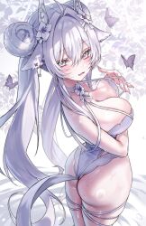 1girl ass bug butterfly double_bun hair_bun highres insect leotard original solo standing trtrpnk