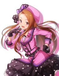 1girl :d black_choker black_frills black_gloves black_skirt bow brown_hair buttons choker colored_shadow frilled_bow frilled_shirt frilled_skirt frills gloves hat highres idolmaster kakaobataa long_hair long_sleeves looking_at_viewer minase_iori open_mouth pink_hat pink_shirt purple_bow red_eyes shadow shirt simple_background skirt smile solo striped_bow very_long_hair white_background