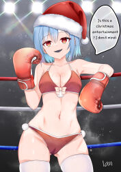 1girl absurdres bikini blue_hair bow bow_bikini boxing_gloves boxing_ring breasts cameltoe chinese_commentary cleavage commentary_request cowboy_shot english_text engrish_text gluteal_fold hair_ornament hat highres medium_breasts medium_hair mouth_guard original ranguage red_bikini red_eyes santa_hat signature smile solo swimsuit thighhighs white_thighhighs xiahou_qiulan
