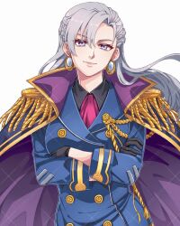1girl absurdres aurelia_le_guin black_gloves blue_suit cape closed_mouth commentary commission crossed_arms earrings eiyuu_densetsu english_commentary epaulettes eyelashes formal_clothes gloves gold_trim grey_hair hair_between_eyes highres jewelry long_hair looking_at_viewer purple_cape purple_eyes sen_no_kiseki sen_no_kiseki_(series) sen_no_kiseki_i sen_no_kiseki_iii simple_background smile solo suit upper_body watermark white_background yuzukiyo
