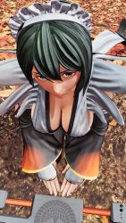 1girl 3d apron arms_under_breasts black_hair breast_focus breasts highres iroha_(samurai_spirits) large_breasts lips looking_to_the_side maid maid_headdress ryona samurai_spirits screencap short_hair solo third-party_edit weapon wide_hips