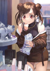 Rule 34 | 1girl, armpit crease, black sweater, bra strap, breasts, brown hair, brown jacket, brown skirt, double bun, hair bun, hair ornament, hairclip, hand on own chin, highres, holding, holding stuffed toy, idolmaster, idolmaster shiny colors, jacket, jewelry, medium breasts, miniskirt, necklace, off shoulder, otsudou, parted bangs, red eyes, ribbed sweater, short hair, short twintails, skirt, sleeveless, sleeveless sweater, solo, sonoda chiyoko, stuffed toy, sweater, thinking, twintails