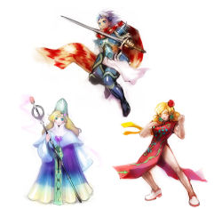 1990s_(style) 1boy 2girls armor bad_id bad_pixiv_id blonde_hair blue_eyes cape ceodore_harvey china_dress chinese_clothes dress final_fantasy final_fantasy_iv final_fantasy_iv:_the_after_years flower hair_flower hair_ornament leonora moreshan multiple_girls robe staff sword ursula_leiden weapon white_hair yellow_eyes
