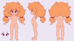 1girl absurdres ass barefoot reference_sheet closed_mouth commission completely_nude dimples_of_venus eco19 feet female_focus flat_chest from_side gluteal_fold hair_tie highres kneepits loli long_hair looking_at_viewer multiple_views nape nipples nude orange_hair original profile purple_eyes shoulder_blades simple_background standing straight-on thighs toes twintails