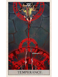 1girl ambrosia_(dungeon_meshi) artist_name blonde_hair blood blood_on_ground blue_dress card_(medium) dress dungeon_meshi from_above holding holding_staff kadeart kneeling kneeling_on_magic_circle long_hair mage_staff magic_circle marcille_donato planted_staff skeleton staff stone_floor tarot tarot_(medium) temperance_(tarot) white_background