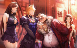 2boys 2girls absurdres aerith_gainsborough aerith_gainsborough_(red_dress) bare_shoulders black_hair blonde_hair blue_dress blush breasts brown_hair cloud_strife cloud_strife_(blue_dress) crescent crescent_earrings crossdressing don_corneo dress earrings facial_hair fat fat_man final_fantasy final_fantasy_vii final_fantasy_vii_remake flamenco_dress green_eyes highres jewelry large_breasts long_hair mohawk multiple_boys multiple_girls muscular muscular_male mustache official_alternate_costume purple_dress red_dress red_eyes sleeveless sleeveless_dress smile spiked_hair spykeee tifa_lockhart tifa_lockhart_(refined_dress) ugly_bastard wall_market