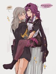 2girls absurdres black_gloves black_jacket black_shoes black_shorts chest_harness collared_shirt commentary english_commentary english_text eyewear_on_head gloves grey_hair harness highres honkai:_star_rail honkai_(series) jacket kafka_(honkai:_star_rail) long_hair multiple_girls open_mouth pantyhose purple_eyes purple_hair purple_pantyhose round_eyewear shirt shoes shorts signature sitting stelle_(honkai:_star_rail) sunglasses the_quipper trailblazer_(honkai:_star_rail) trash_can white_shirt yuri