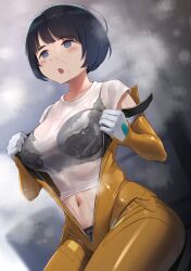 1girl black_bra black_hair black_panties blue_eyes blush_stickers bob_cut bodysuit bra bra_visible_through_clothes breasts gundam gundam_gquuuuuux highres large_breasts mecha_pilot_suit midriff navel normal_suit_(gundam) open_mouth opened_by_self orange_bodysuit panties panty_peek see-through_clothes see-through_shirt shiiko_sugai shirt short_hair simple_background solo sweat sweaty_clothes underwear wa_(genryusui) white_shirt