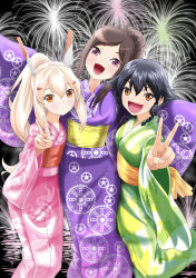 Rule 34 | 3girls, :d, alternate costume, ayanami (azur lane), azur lane, black hair, brown eyes, commentary request, crossover, dorothy (princess principal), fireworks, girls und panzer, hair between eyes, hair ornament, hairclip, headgear, highres, japanese clothes, kimono, long hair, looking at viewer, multiple girls, night, night sky, open mouth, orange eyes, pepperoni (girls und panzer), ponytail, princess principal, purple eyes, retrofit (azur lane), short hair, sidelocks, silver hair, sky, smile, taniguchi gou, v, yukata