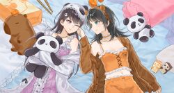 2girls absurdres animal_ear_hairband animal_ears bang_dream! bang_dream!_it&#039;s_mygo!!!!! bear_ears black_hair blue_eyes bow_shorts breasts brown_hair camisole cheek_pinching chinese_commentary choker cleavage closed_mouth commentary_request dress fake_animal_ears food frilled_choker frilled_shorts frills fruit hairband highres hugging_object juice_box long_hair looking_at_another medium_breasts multiple_girls on_bed one_eye_closed orange_(fruit) orange_camisole orange_choker orange_shorts panda_hat parted_lips pillow pinching purple_dress purple_eyes shiina_taki shorts stuffed_animal stuffed_capybara stuffed_panda stuffed_toy trileo405 yahata_umiri