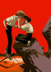 2boys a12740807 angel_statue black_pants brown_hair couple floating grey_hair hair_between_eyes hand_in_pocket hand_on_another&#039;s_cheek hand_on_another&#039;s_face high-waist_pants highres ikari_shinji male_focus multiple_boys nagisa_kaworu neon_genesis_evangelion pants red_background red_sky red_theme shirt shoes short_hair sky sneakers utility_pole water white_shirt white_shoes yaoi