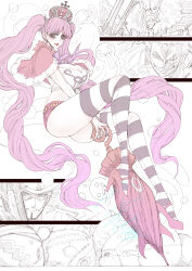 1girl absurdres alternate_breast_size ass black_eyes breasts crown dracule_mihawk gecko_moria highres jun_wu_mo kumacy large_breasts long_hair monkey_d._luffy nightmare_luffy one_piece perona pink_hair roronoa_zoro shorts signature solo_focus thighhighs twintails very_long_hair