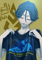1boy blue_hair blue_shirt character_print closed_mouth clothes_writing commentary_request copyright_name hair_between_eyes hands_up kikkyawa looking_down male_focus meguriya_ayumu print_shirt shirt short_hair short_sleeves smile solo t-shirt toshi_densetsu_kaitai_center upper_body yellow_background