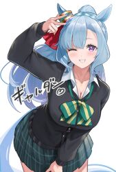 1girl absurdres alternate_costume alternate_hairstyle animal_ears arm_up blue_hair blush braid breasts cleavage closed_mouth collarbone crown_braid hair_ornament highres horse_ears horse_girl horse_tail large_breasts long_hair looking_at_viewer mejiro_ardan_(umamusume) ponytail purple_eyes ribbon school_uniform simple_background tail translation_request umamusume v white_background yokoji_(kodai2015)