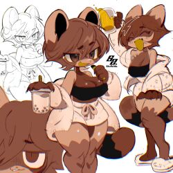 1girl absurdres alcohol animal_ears animal_feet animal_hands bandeau beer beer_mug black_bandeau breasts brown_eyes brown_hair bubble_tea cardigan claws cleavage closed_eyes commentary cup furry furry_female highres large_breasts mug multiple_views open_cardigan open_clothes open_mouth original raccoon_ears raccoon_girl raccoon_tail ringed_eyes short_hair shorts simple_background skullsideart slippers smile symbol-only_commentary tail white_background white_cardigan white_shorts white_slippers