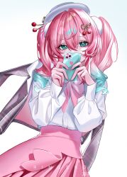 Rule 34 | 1girl, absurdres, blush, cellphone, commentary, duplicate, english commentary, fingernails, hair between eyes, hair intakes, hat, highres, holding, holding phone, honkai: star rail, honkai (series), hyacine (honkai: star rail), jacket, long hair, long sleeves, looking at viewer, nail polish, phone, pink hair, pink jacket, pink nails, pink skirt, ringeko-chan, shirt, skirt, smartphone, solo, twintails, white background, white hat, white shirt