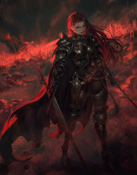 1girl absurdres aqua_eyes armor arowana2111 belt black_bodysuit blood blood_on_face bodysuit breastplate breasts cape commentary covered_navel cross dual_wielding earrings english_commentary flag gauntlets greatsword greaves highres holding holding_sword holding_weapon jewelry long_hair looking_at_viewer original pauldrons red_background red_hair red_lips rubble shoulder_armor smile solo sword weapon