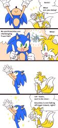 4koa blonde_hair blue_eyes blue_fur blue_hair blush child gloves green_eyes highres looking_up multiple_tails sega shota smile sonic_(series) sonic_the_hedgehog spiked_hair tail tails_(sonic) two_tails yellow_fur yotsumeddd