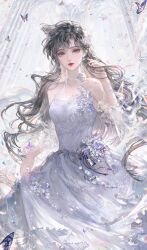 1girl absurdres aegyo_sal arch bare_shoulders black_hair blue_butterfly blue_eyes boutonniere breasts bug butterfly choker cleavage clothes_lift collarbone detached_sleeves dress dress_lift flower flower_choker glitter_makeup hair_flower hair_horns hair_ornament hand_up highres insect lens_flare li_guai_su lips lofter_username long_hair looking_at_viewer medium_breasts meitantei_conan mouri_ran parted_lips petal_on_face pillow red_lips see-through_clothes see-through_skirt see-through_sleeves skirt solo strapless strapless_dress upper_body watermark white_choker white_dress