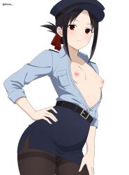 1girl absurdres alternate_costume belt black_belt black_hair blue_hat blue_shirt blue_skirt blush breasts closed_mouth collared_shirt cowboy_shot dsuzu folded_ponytail hair_ribbon hand_on_own_hip hat highres kaguya-sama_wa_kokurasetai_~tensai-tachi_no_renai_zunousen~ long_sleeves looking_at_viewer microskirt nipples panties pantyhose pantyshot partially_unbuttoned peaked_cap pencil_skirt red_eyes red_ribbon ribbon shinomiya_kaguya shirt simple_background skirt small_breasts solo thighband_pantyhose twitter_username underwear white_background