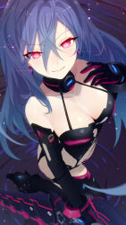 1girl bare_shoulders blue_hair breasts cleavage closed_mouth earrings garry&#039;s_mod_(medium) hair_between_eyes highres holding holding_sword holding_weapon iris_heart jewelry large_breasts long_hair looking_at_viewer neptune_(series) photoshop_(medium) power_symbol-shaped_pupils red_eyes sculp2 seductive_smile smile solo sword symbol-shaped_pupils weapon