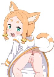 1girl :3 akatsuki_no_guuru animal_ears anus ass bell blush cat_ears cat_girl cat_tail censored cleft_of_venus green_eyes hair_bell hair_ornament highres loli looking_at_viewer looking_back mimi_pearlbaton mosaic_censoring no_panties open_mouth orange_hair pussy re:zero_kara_hajimeru_isekai_seikatsu smile tail upskirt