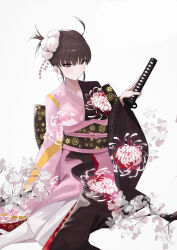 Rule 34 | 1girl, breasts, brown eyes, brown hair, dahlia, fate/grand order, fate (series), floral print, floral print kimono, flower, full body, hair between eyes, hair ornament, hair up, highres, holding, holding weapon, japanese clothes, katana, kimono, large breasts, lilin (pixiv 25958194), long sleeves, looking at viewer, multicolored kimono, peony (flower), peony print, pink kimono, print kimono, ryougi shiki, ryougi shiki (second ascension), sash, satin clothes, scabbard, sheath, short hair, simple background, sitting, solo, sword, type-moon heroines, weapon, white background, white flower, wide sleeves